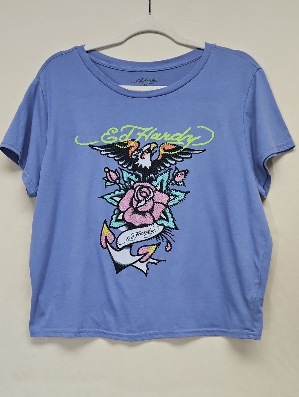 Ed Hardy Womens 1X Rhinestone Eagle Rose Graphic Tee Blue Y2K Tattoo